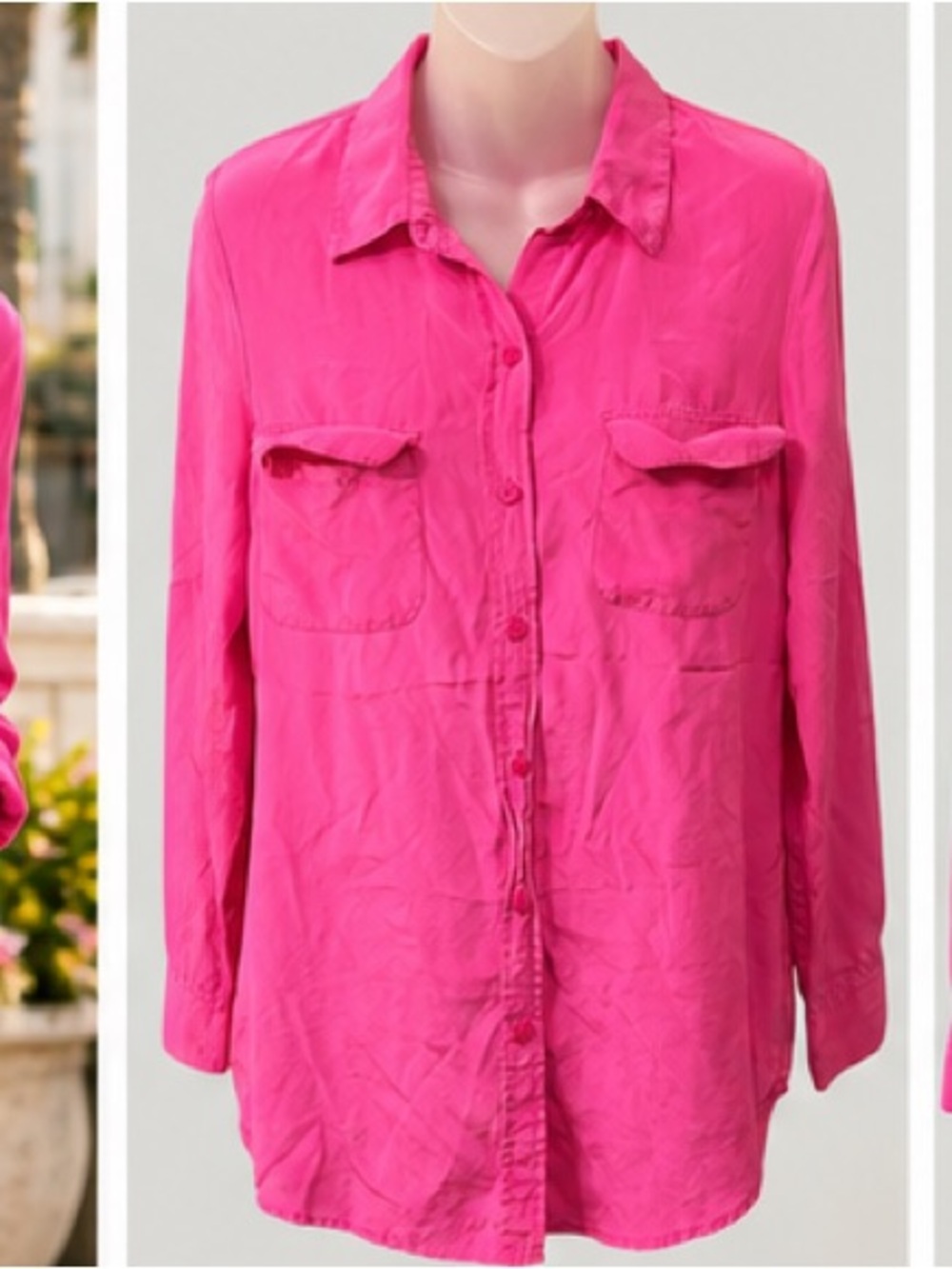 Charlie Jade 100% Silk Hot Pink Utility Button Down Shirt Blouse S - Picture 3 of 7